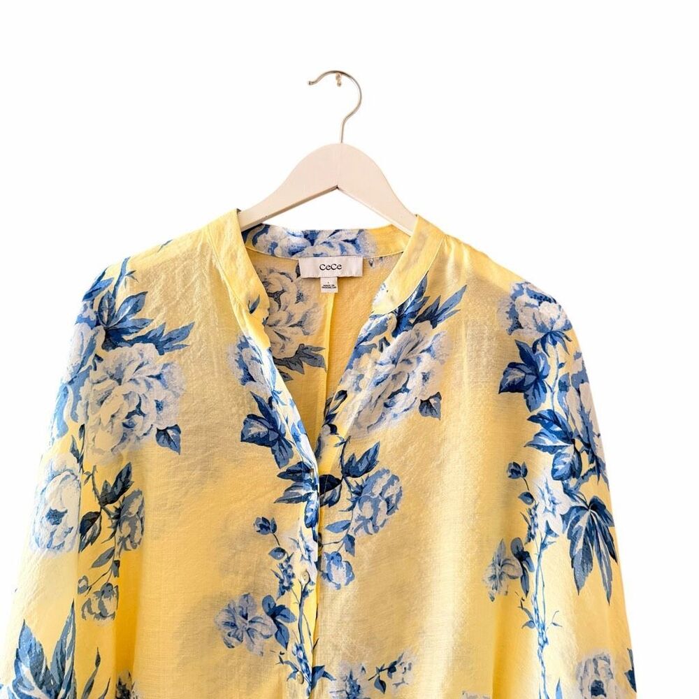 CeCe Floral Button Down Yelllow Blue Toile Pattern Sz L # 2614 - Picture 2 of 13